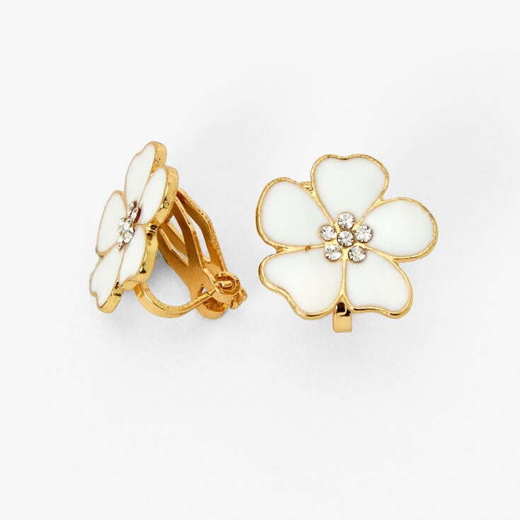Embellished White Flower Clip-On Earrings,