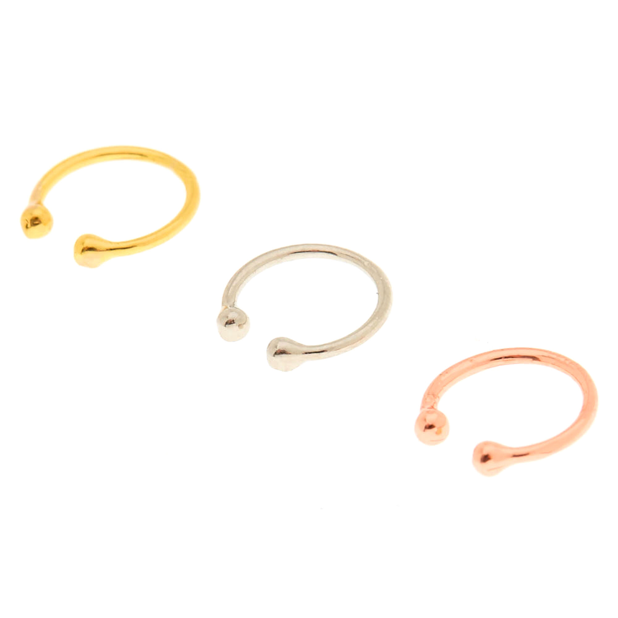View Claires Mixed Metal Faux Hoop Nose Rings 3 Pack Rose Gold information