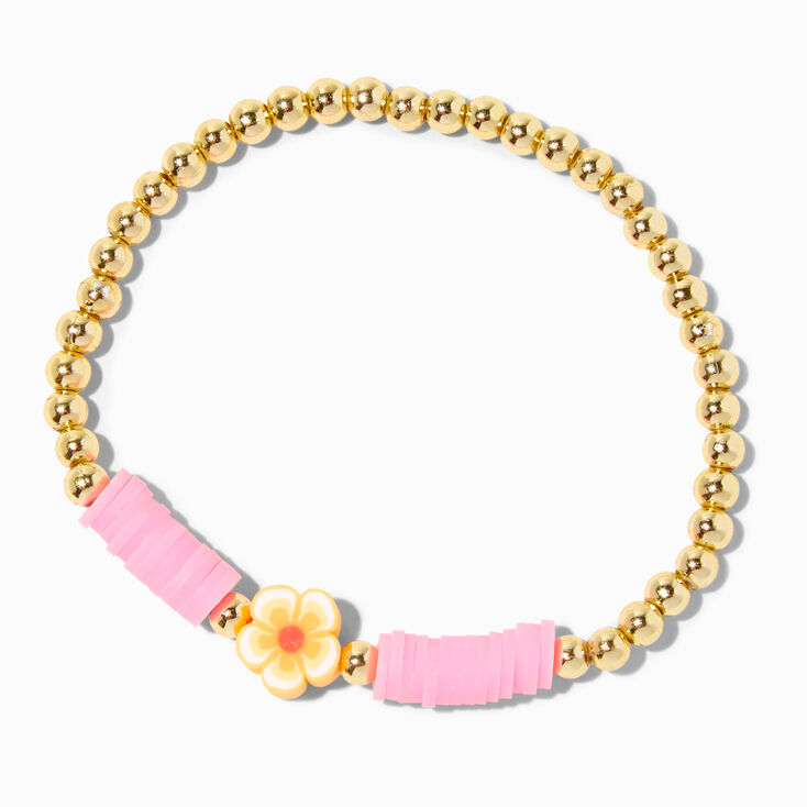 Gold &amp; Pink Hibiscus Flower Stretch Bracelet,