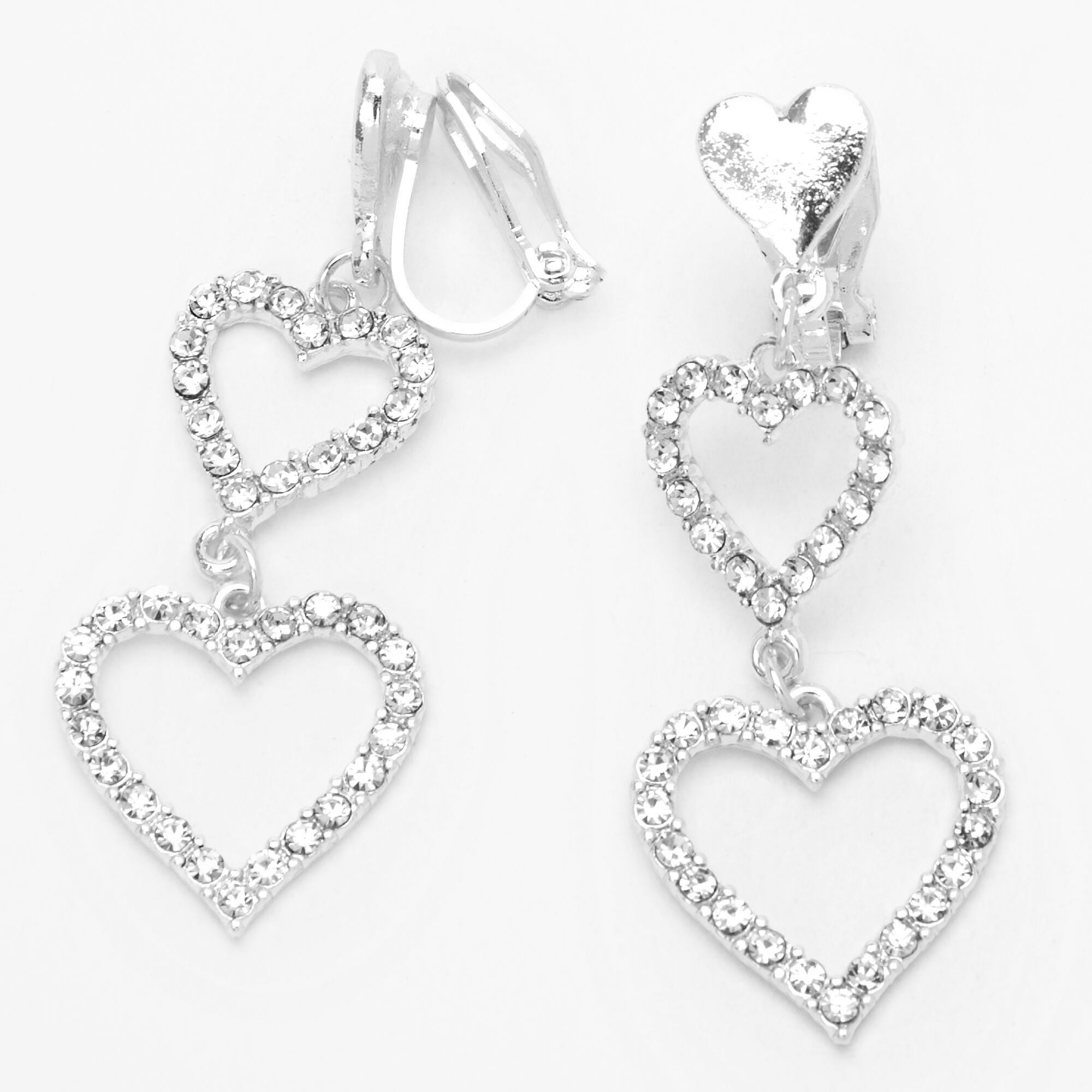 View Claires Tone 15 Triple Heart Clip On Drop Earrings Silver information
