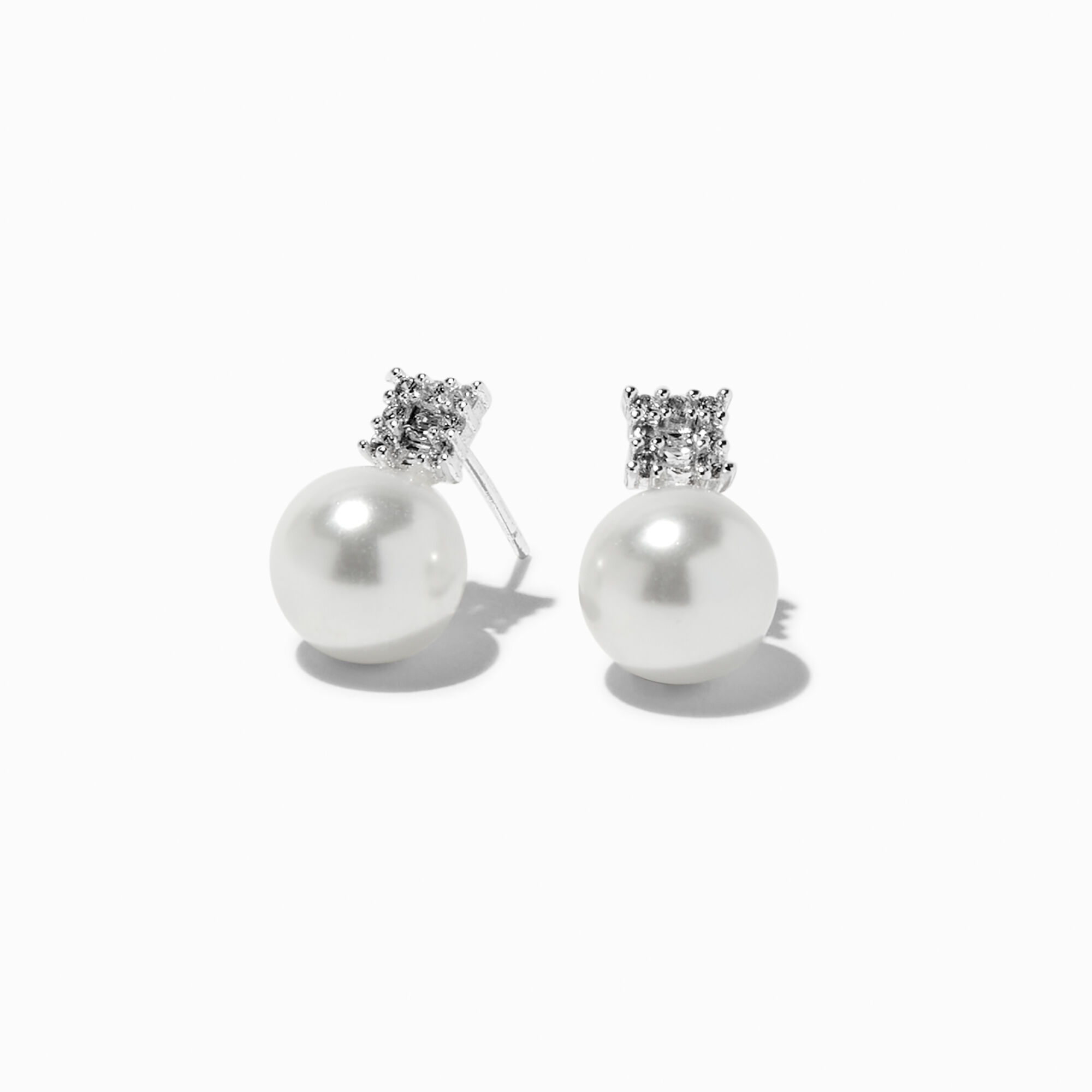 View Claires Tone Crystal Pearl Stud Earrings Silver information