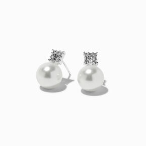 Silver-tone Crystal Pearl Stud Earrings ,