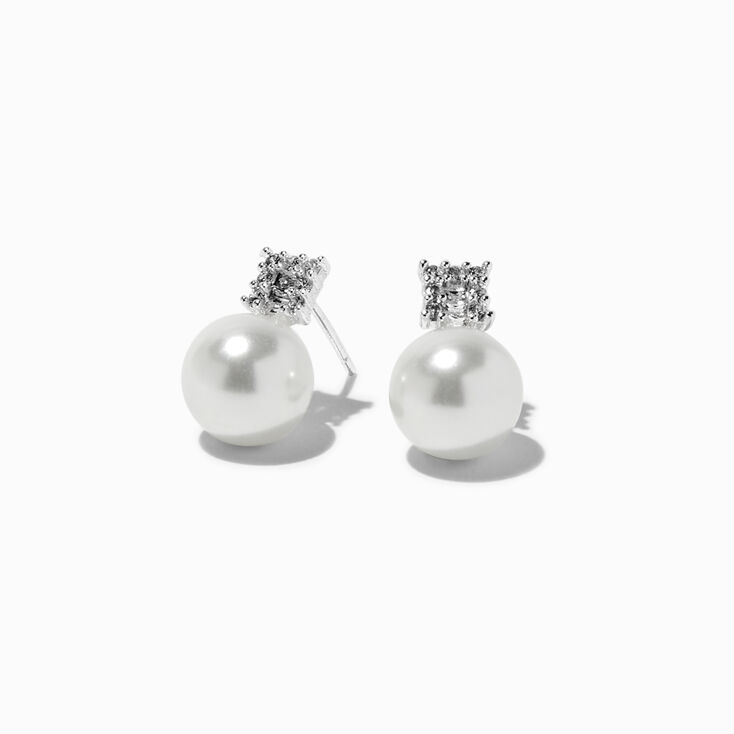 Silver-tone Crystal Pearl Stud Earrings ,