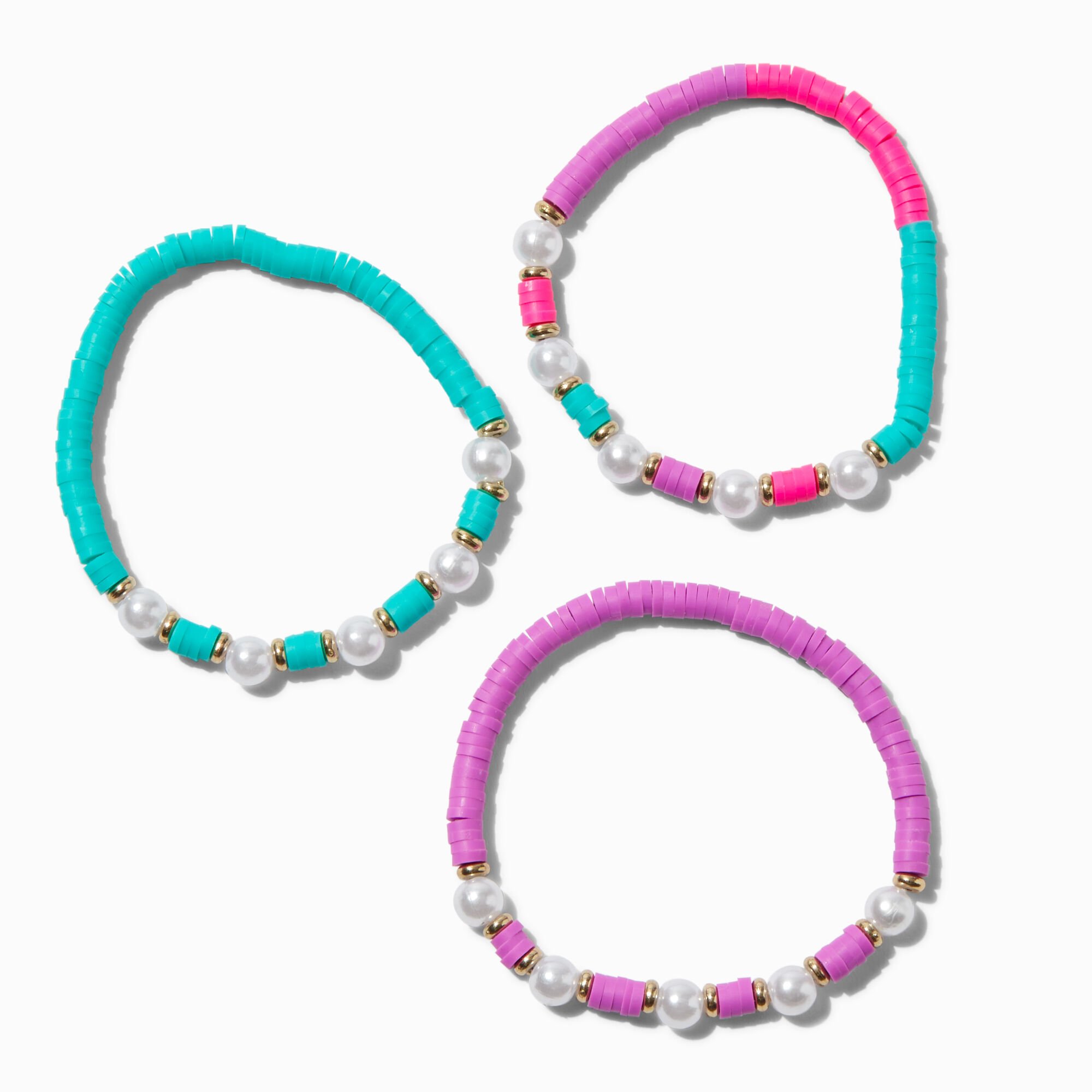 View Claires Club Pearl Jewel Tone Disc Beaded Stretch Bracelets 3 Pack information