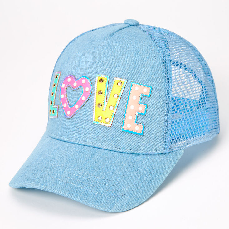 Claire's Casquette camionneur cloutée en denim « Love » - Bleu