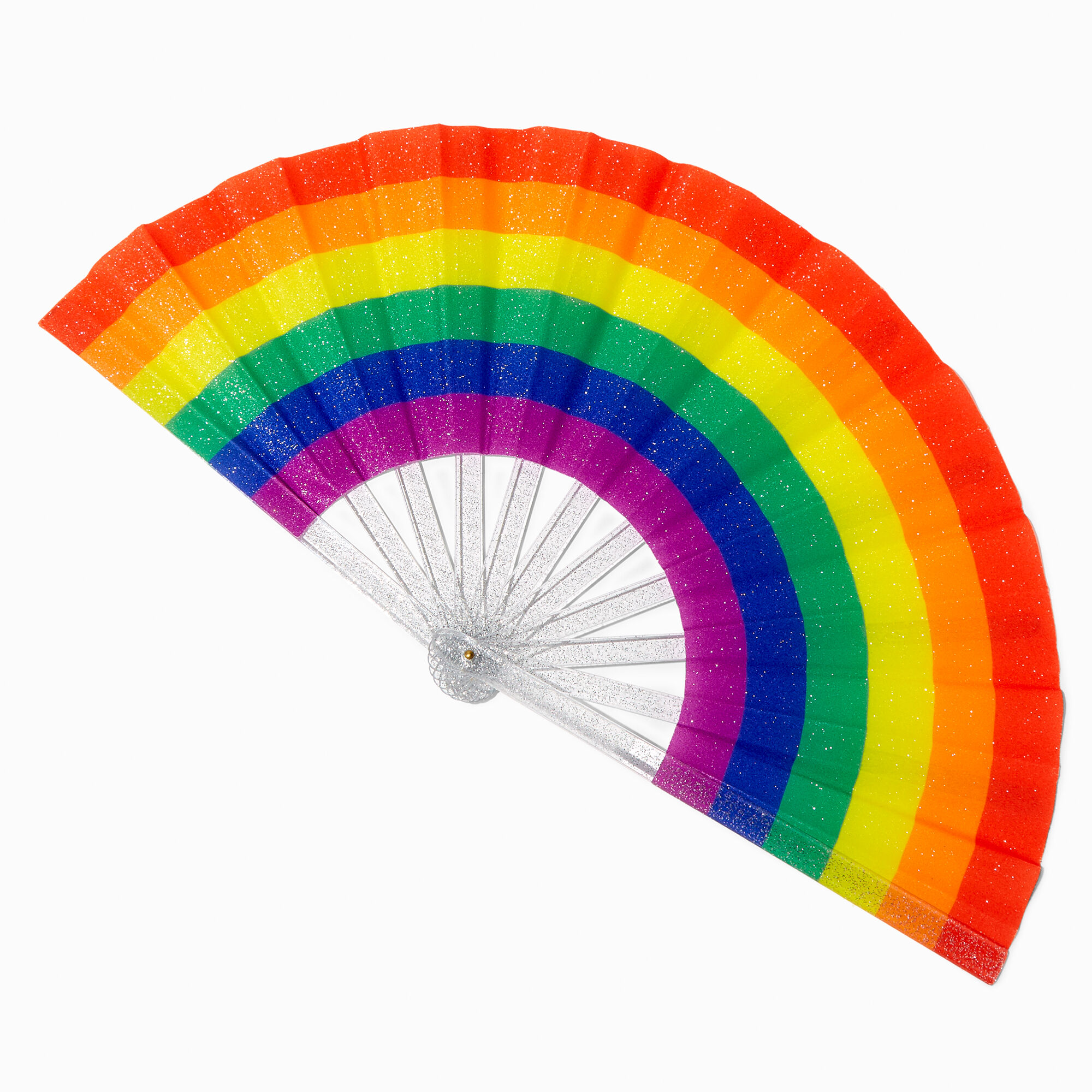 View Claires Glitter Large Folding Fan Rainbow information