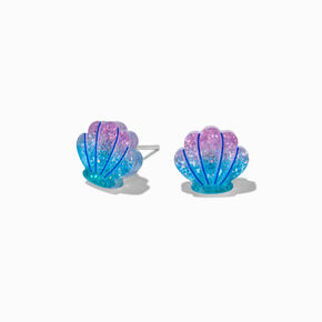 Purple Glitter Seashell Stud Earrings,