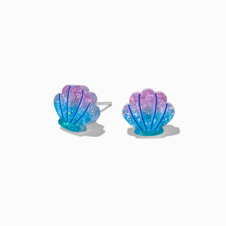 Purple Glitter Seashell Stud Earrings,