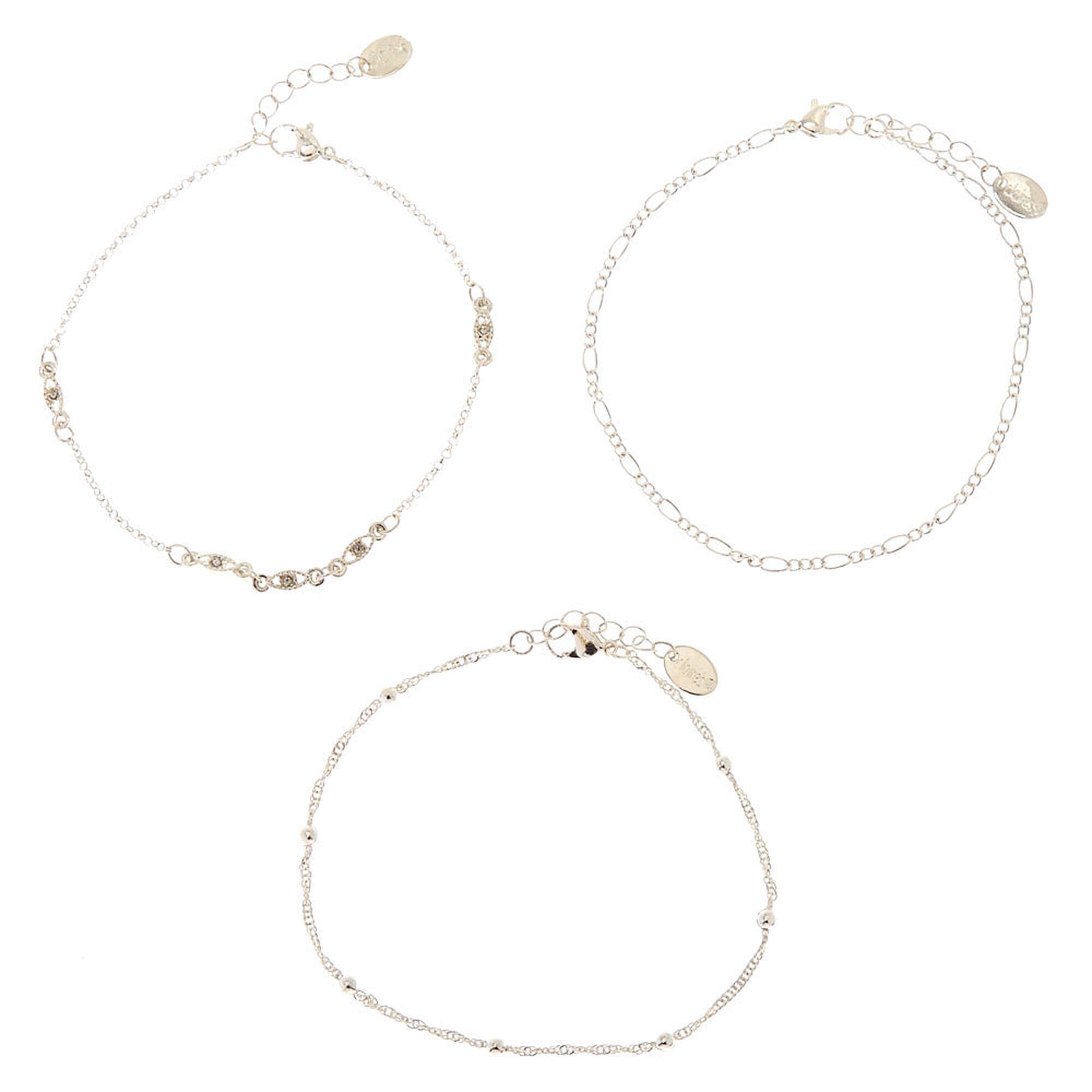 View Claires Tone Simple Beaded Chain Anklets 3 Pack Silver information