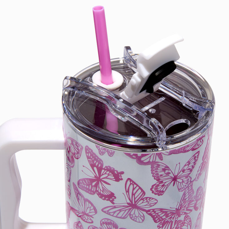 Pink Butterflies Stainless Steel Handled Tumbler,