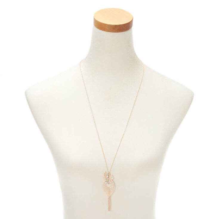 Rose Gold Leaf Filigree &amp; Butterfly Long Pendant Necklace,