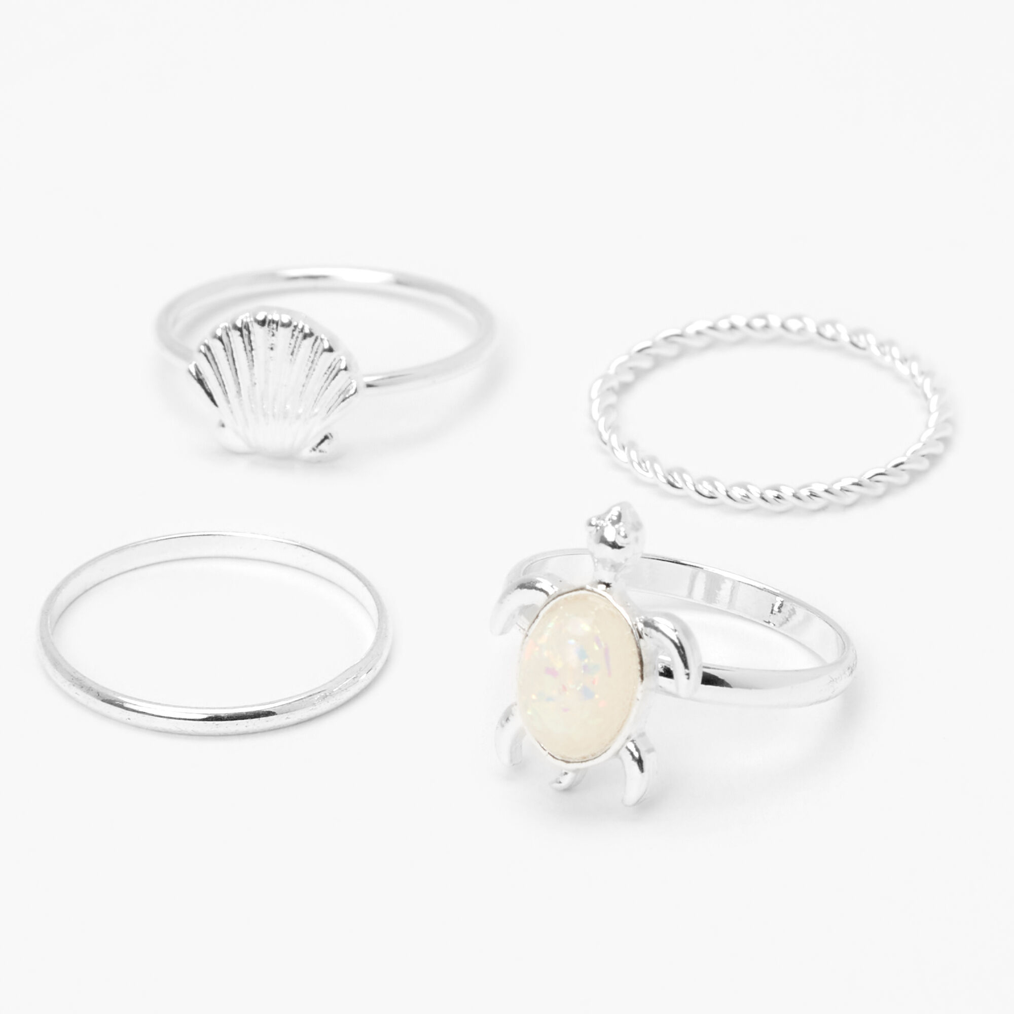Silver Seashell Turtle Opal Stone Rings - 4 Pack,