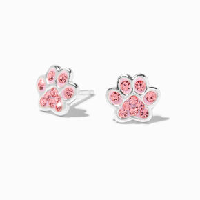 Sterling Silver Crystal Pink Paws Stud Earrings,