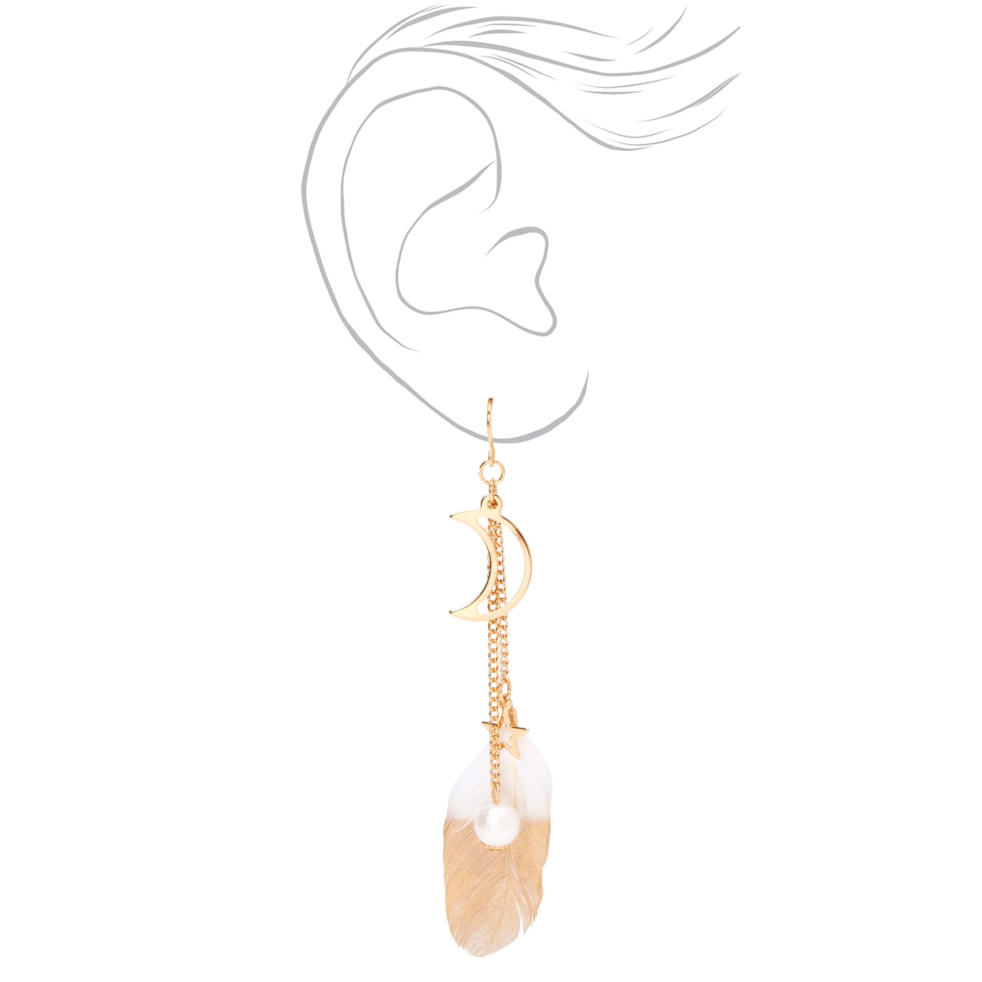 Gold 4" Celestial Pearl Feather Drop Earrings,
