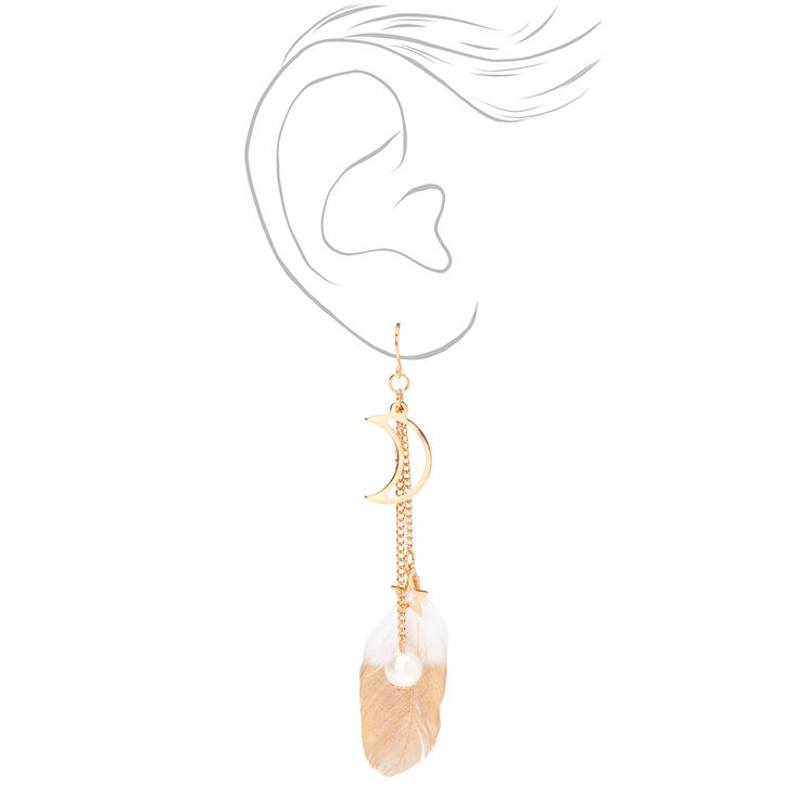 Gold 4&quot; Celestial Pearl Feather Drop Earrings,