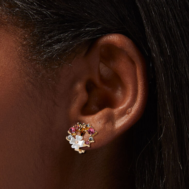 Pink Flower Cluster Clip-On Stud Earrings ,