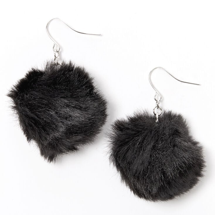 Silver 2&quot; Pom Pom Drop Earrings - Black,