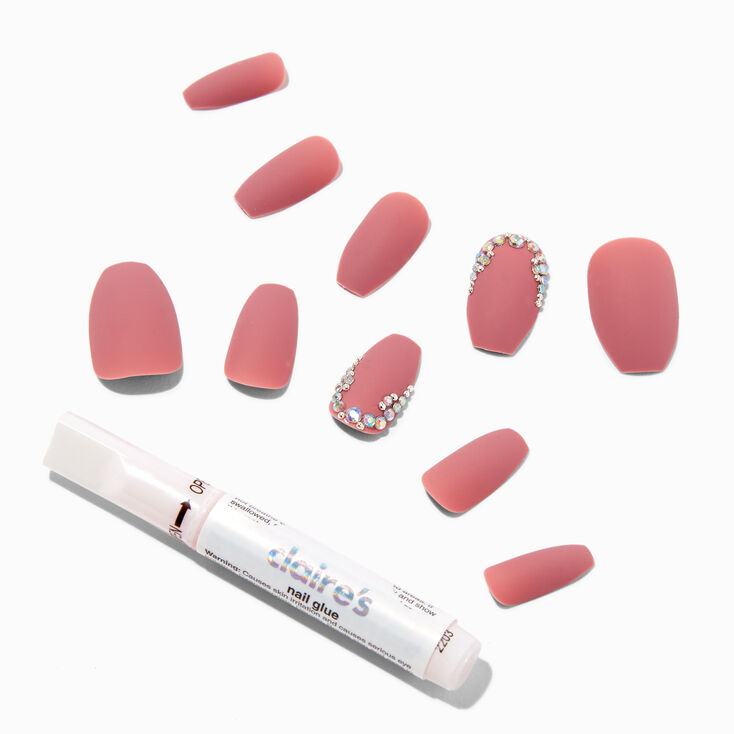 Matte Mauve Gem Coffin Vegan Faux Nail Set - 24 Pack,