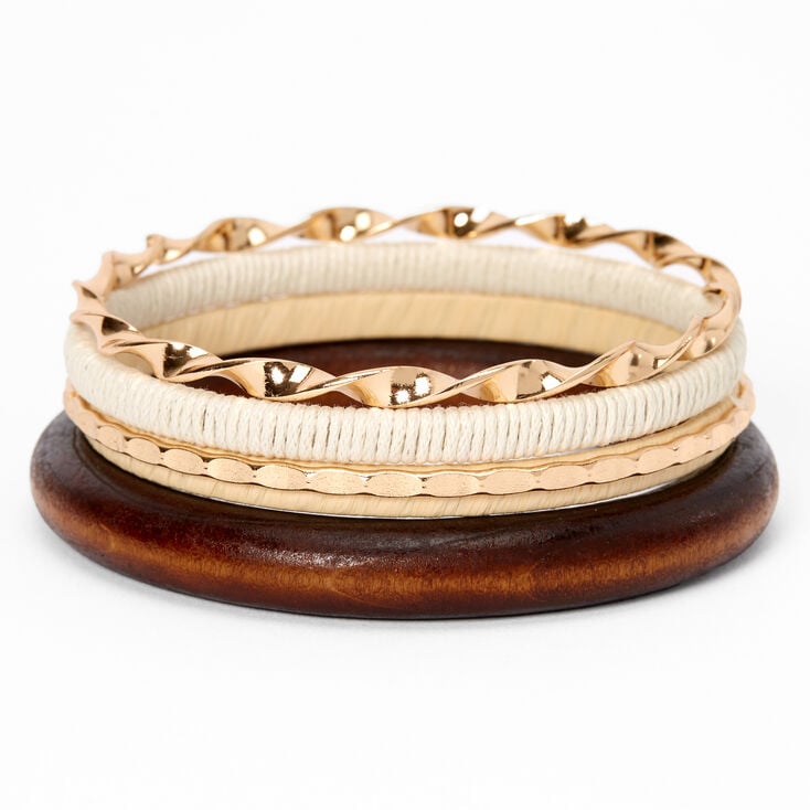 Gold Woven Wooden Bangle Bracelets - Brown, 4 Pack,