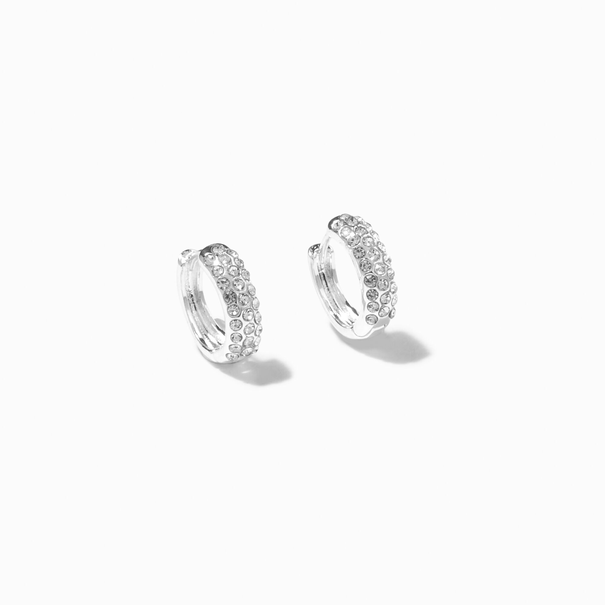 Silver Crystal Rows Embellished 15MM Huggie Hoop Earrings,