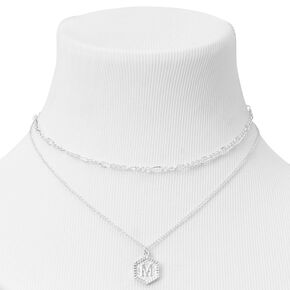 Silver Initial Hexagon Pendant Chain Necklace Set - 2 Pack, M,