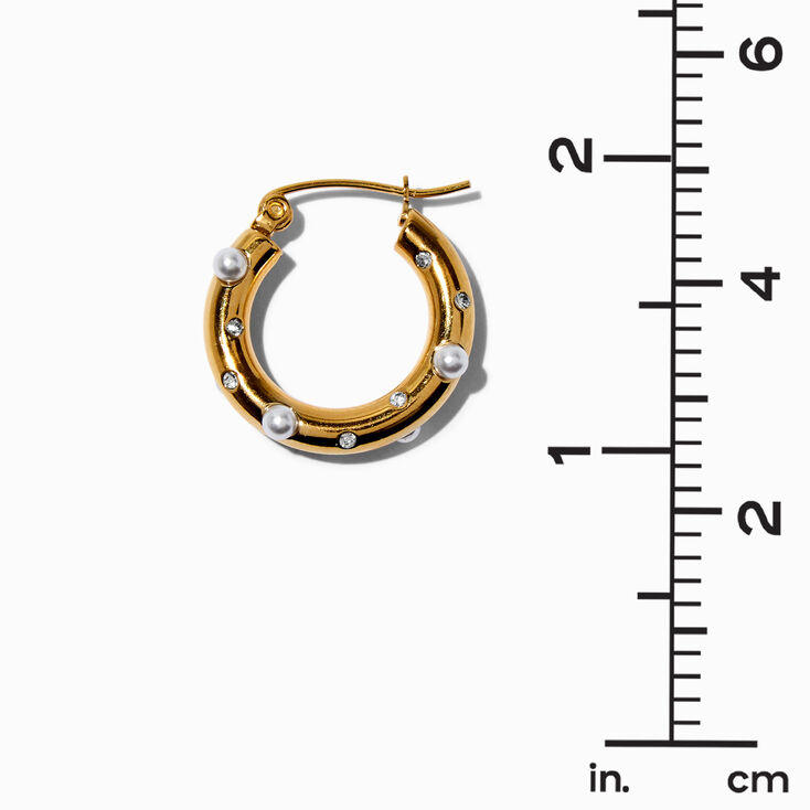 Gold-tone Stainless Steel Crystal &amp; Pearl Studded 10MM Hoop Earrings,