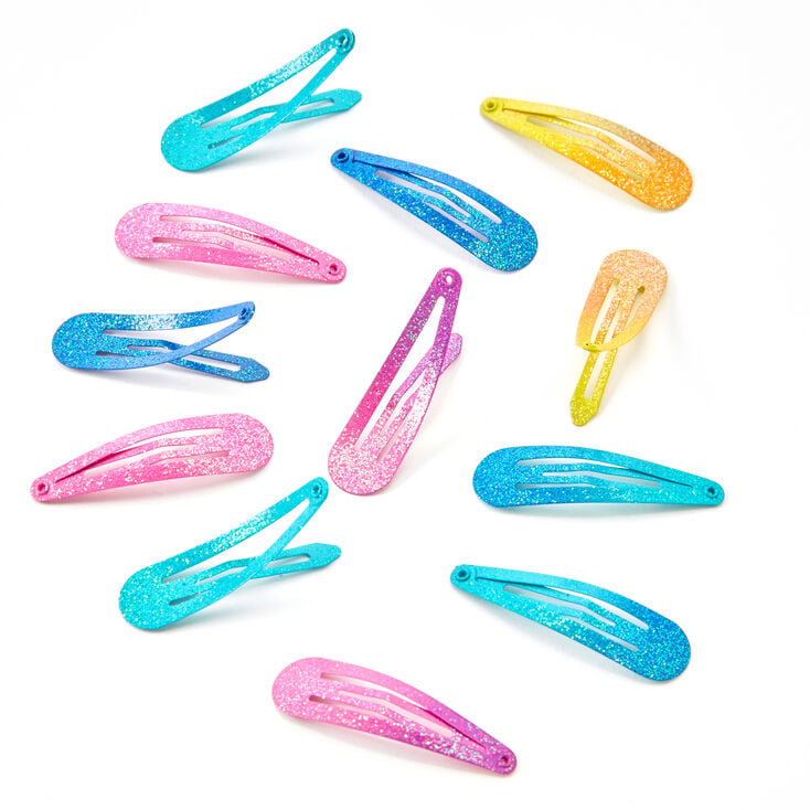 Neon Ombre Glitter Snap Hair Clips - 12 Pack,