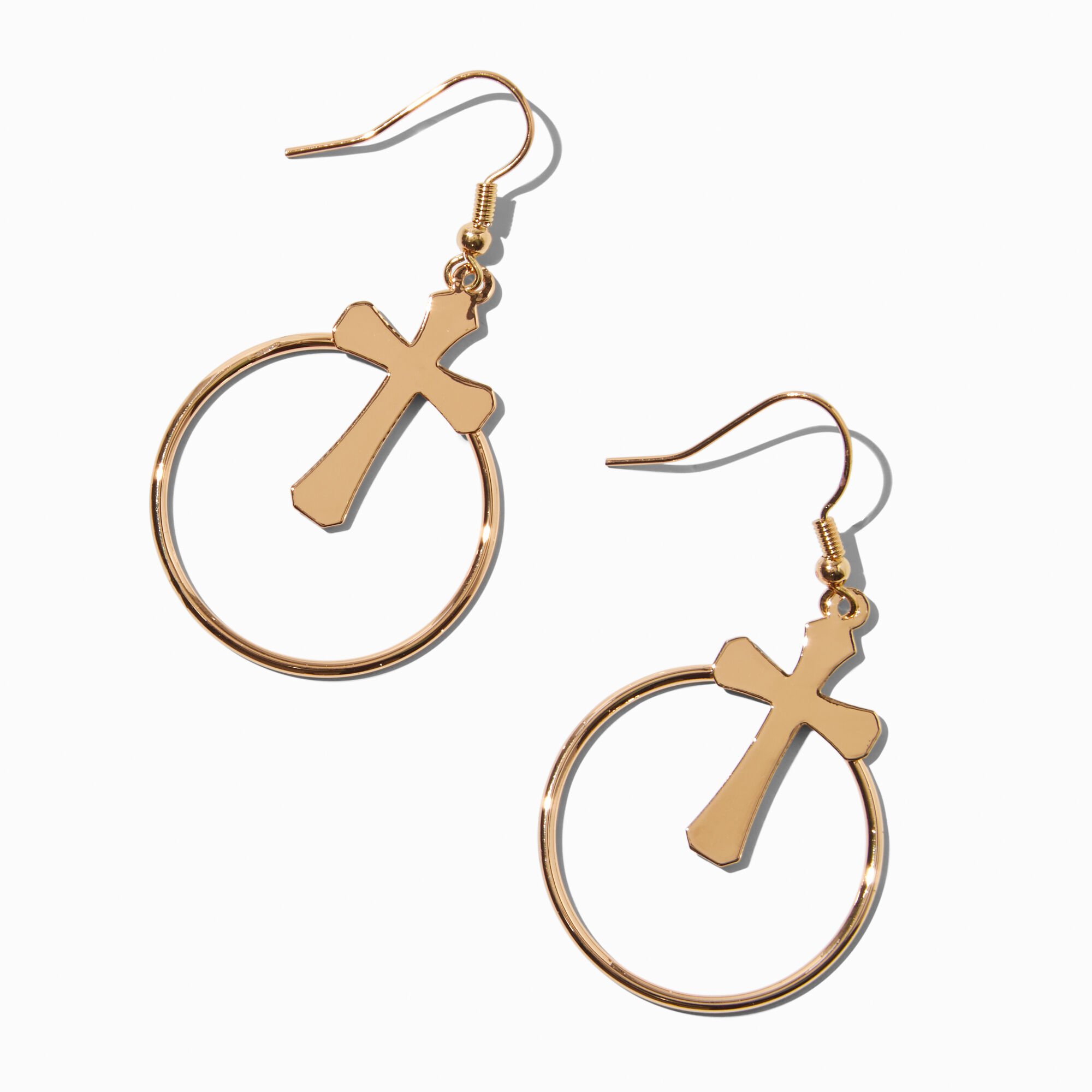 Gold-tone Goth Cross Circle 2" Drop Earrings ,