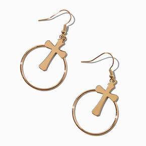 Gold-tone Goth Cross Circle 2&quot; Drop Earrings ,