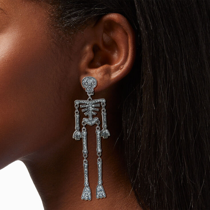 Glittery Jointed Skeleton 4&quot; Clip-On Drop Earrings,