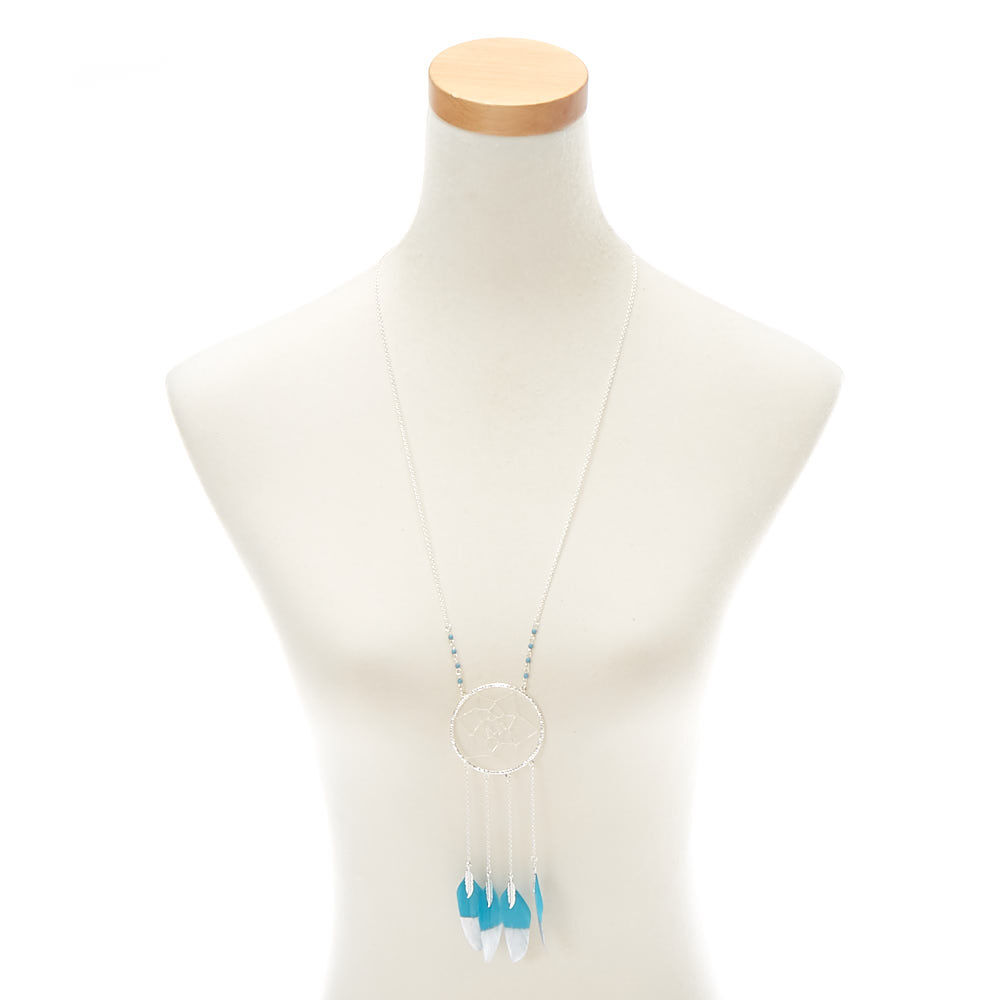 Silver Dreamcatcher Long Pendant Necklace  - Teal,