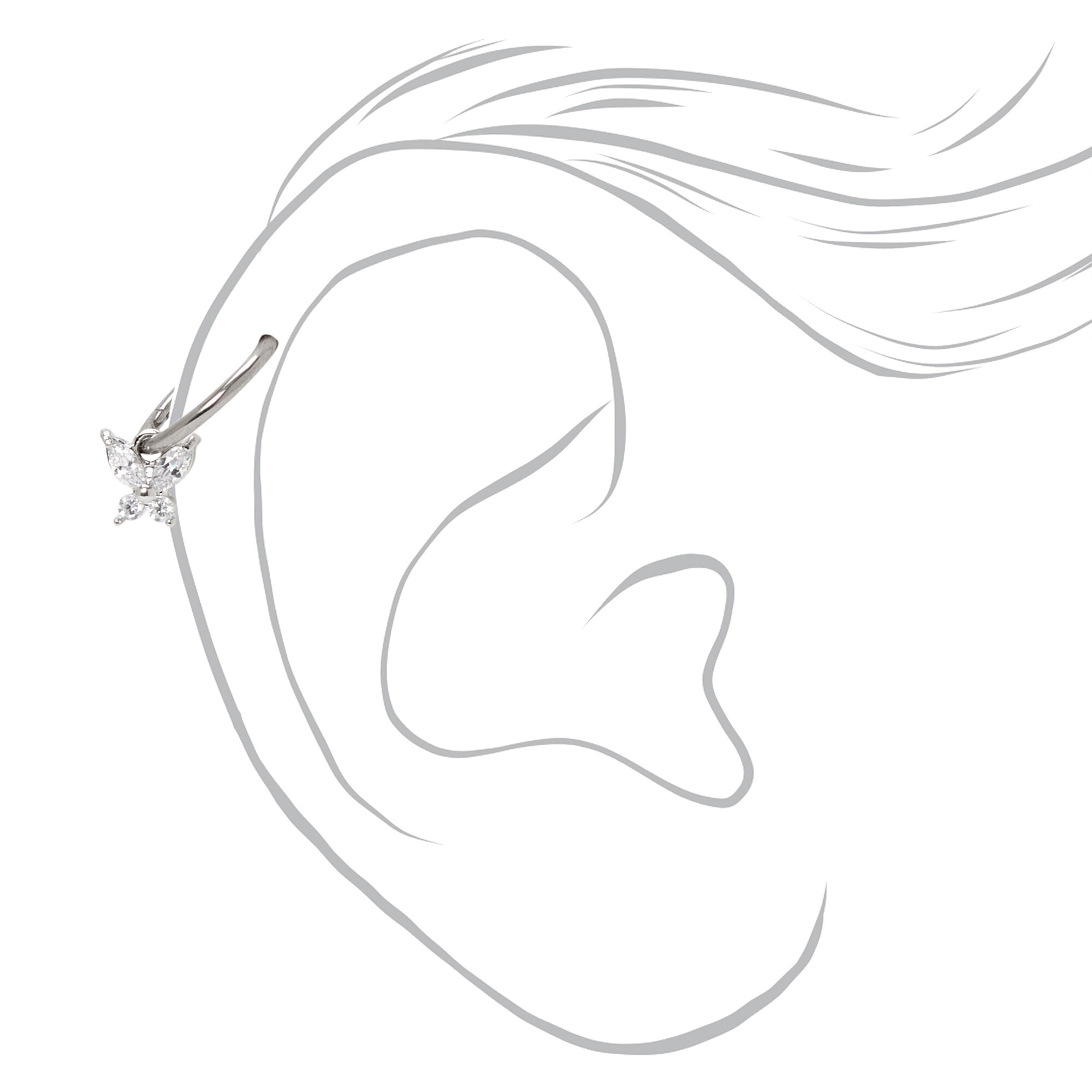 Silver Titanium 16G Crystal Butterfly Cartilage Hoop Earring