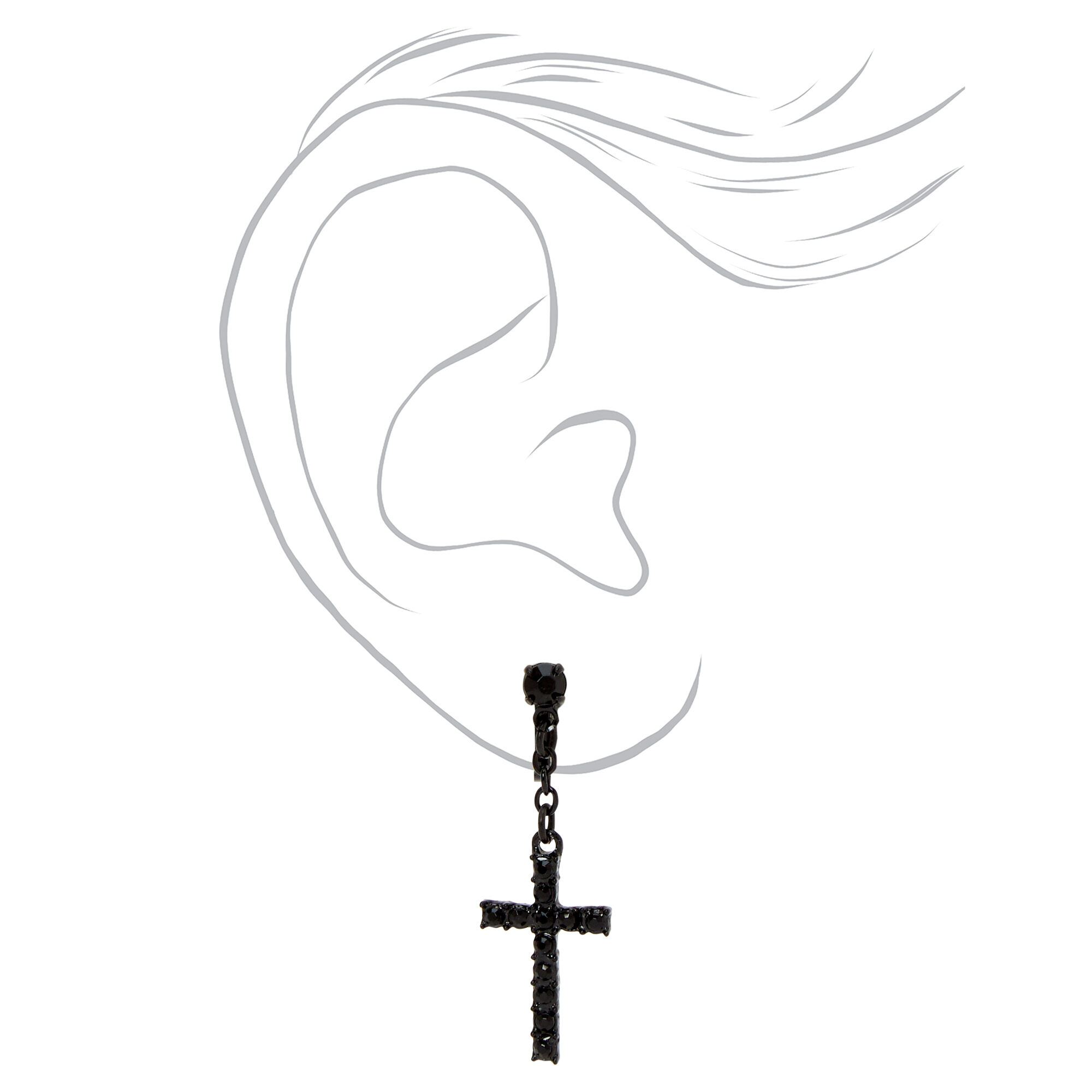 Black Embellished Cross 1.5" Clip-On Drop Earrings,