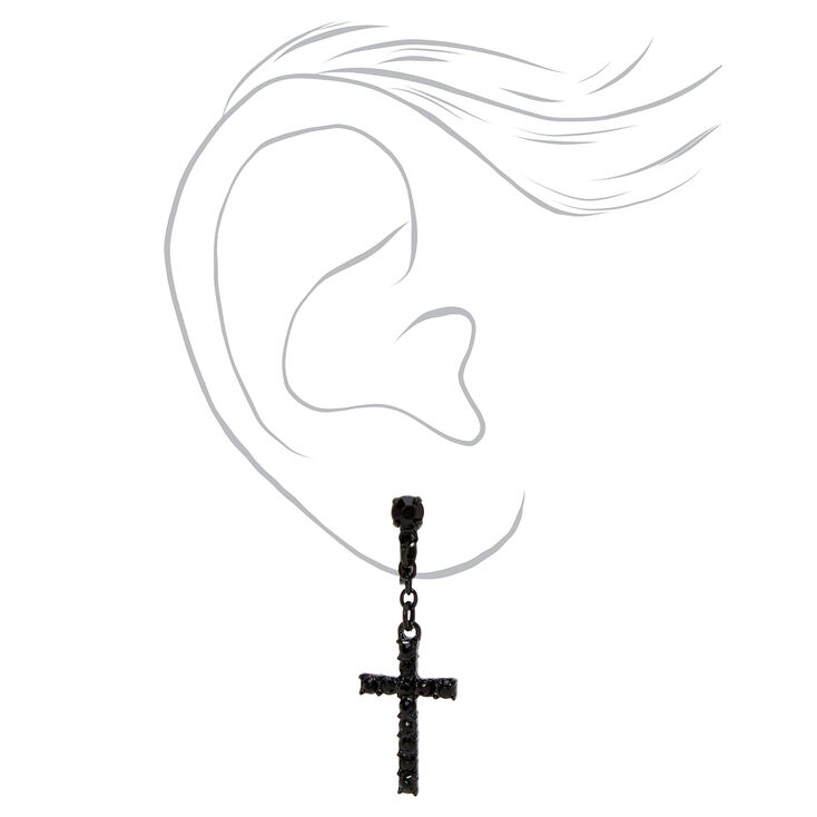 Black Embellished Cross 1.5&quot; Clip-On Drop Earrings,