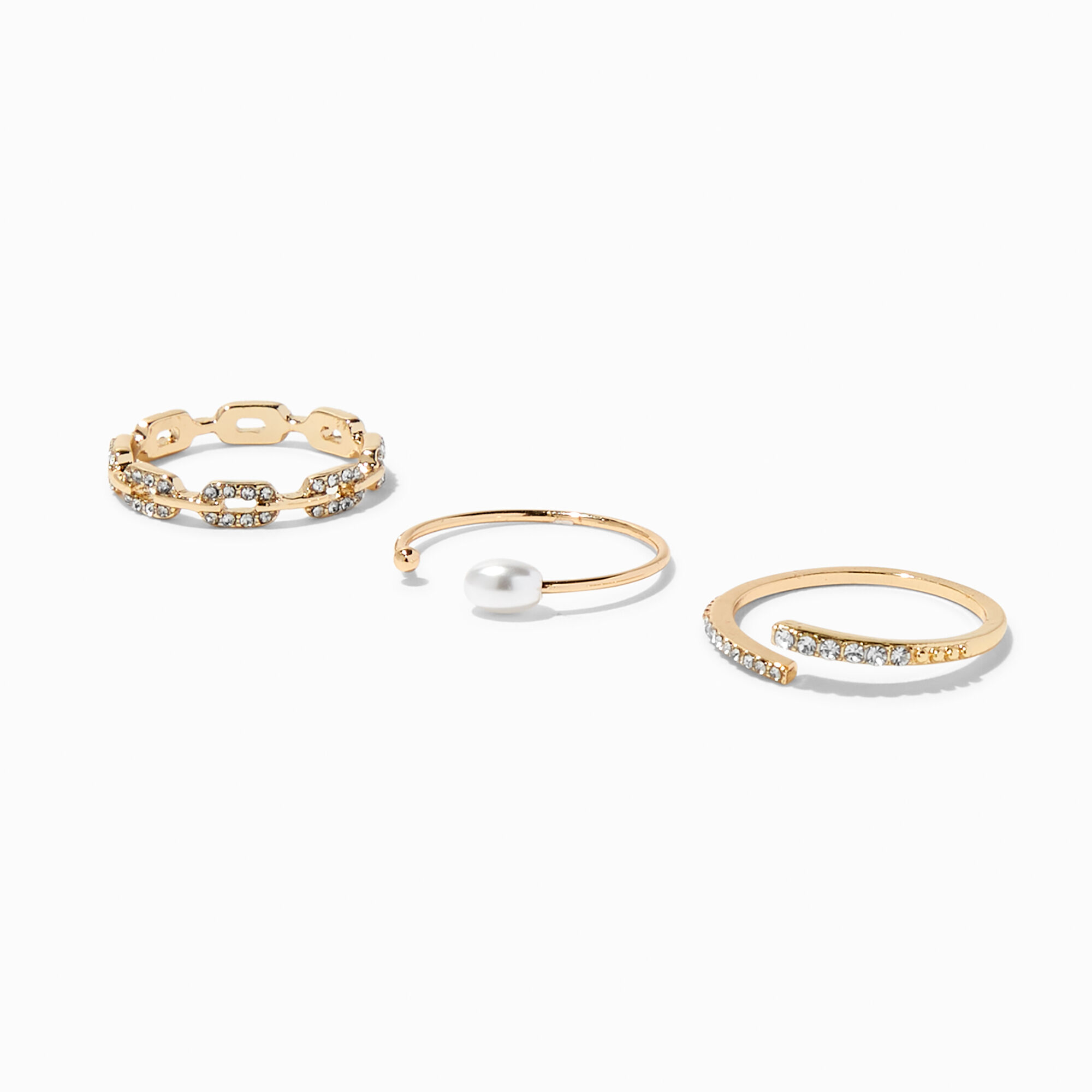 View Claires Tone Pearl Chain Wrap Ring Set 3 Pack Gold information