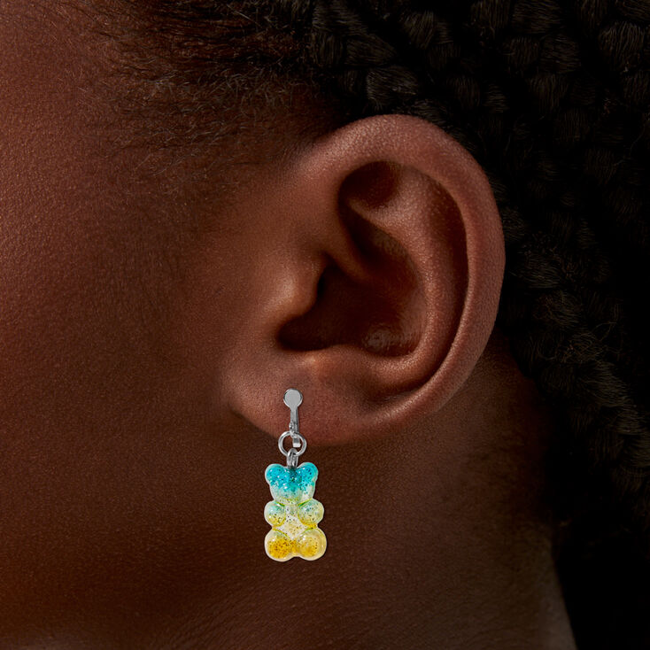 Green &amp; Yellow Ombre Glitter Gummy Bear 0.5&quot; Clip-On Drop Earrings,