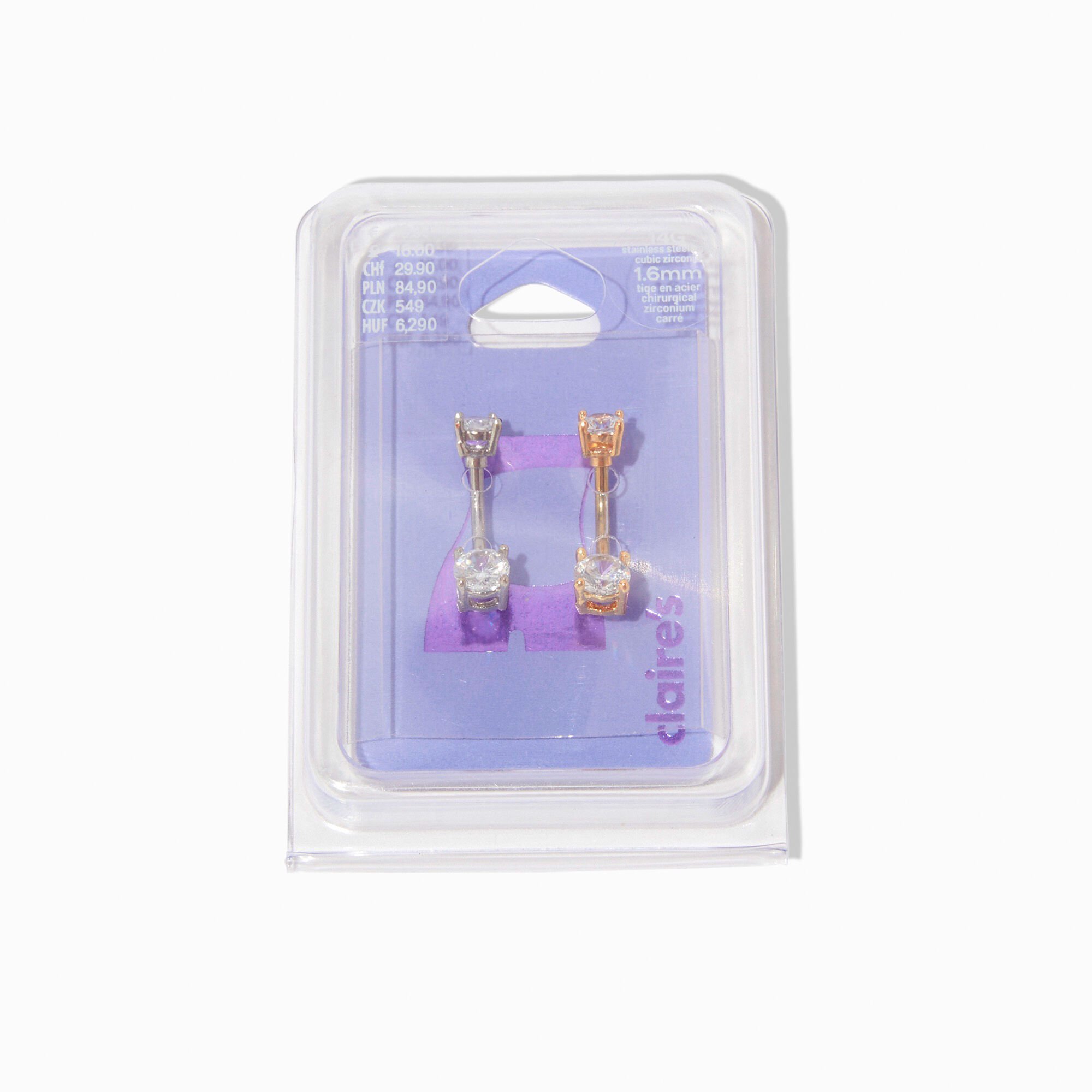 Mixed Metal Stainless Steel Cubic Zirconia 14G Belly Bars - 2 Pack,