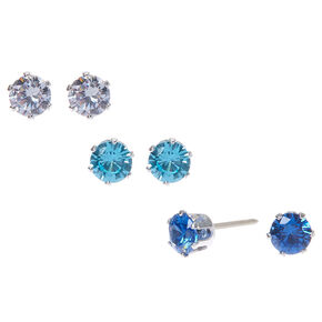 Silver Cubic Zirconia 5MM Round Stud Earrings - Blue, 3 Pack,