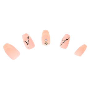 Bling Love Script Coffin Faux Nail Set - Nude, 24 Pack,