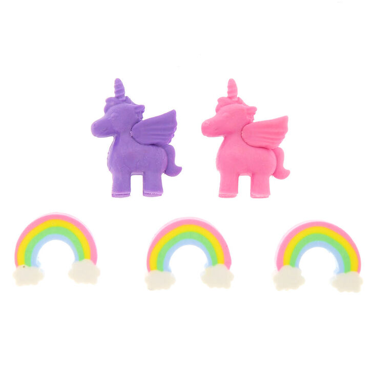 Lot de 5&nbsp;gommes licorne et arc-en-ciel,