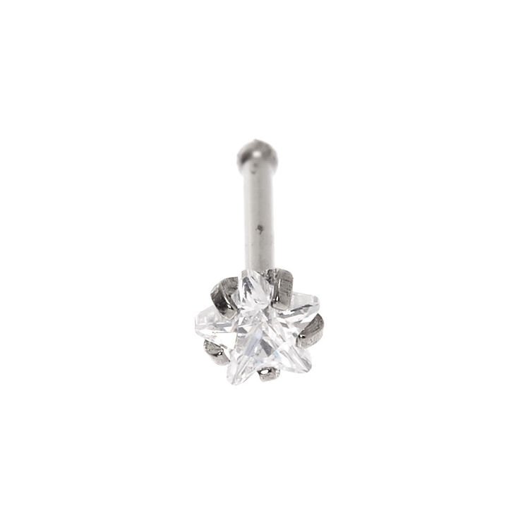 20G Silver-tone Titanium Crystal Star Nose Stud,