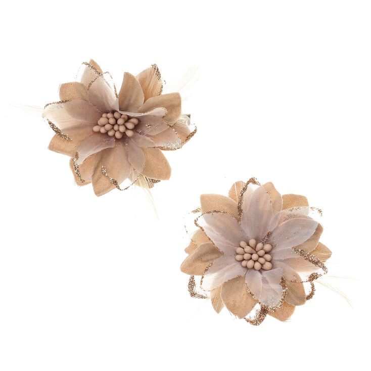 Lilly Flower Feather Hair Clips - Champagne Gold, 2 Pack,