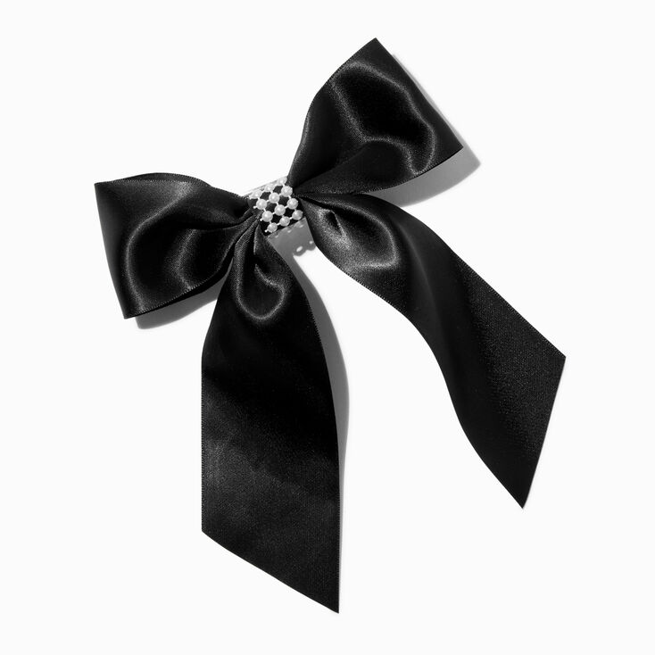 Black Satin Pearl Center Hair Bow Clip,