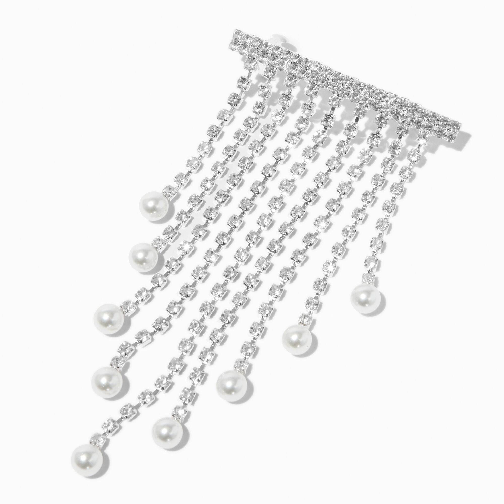 View Claires Tone Pearl Crystal Fringe Hair Clip Silver information