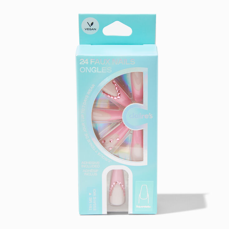 Pink French Tip Bling Squareletto Vegan Faux Nail Set - 24 Pack,