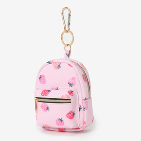 Pink Strawberry Print Mini Backpack Keyring,