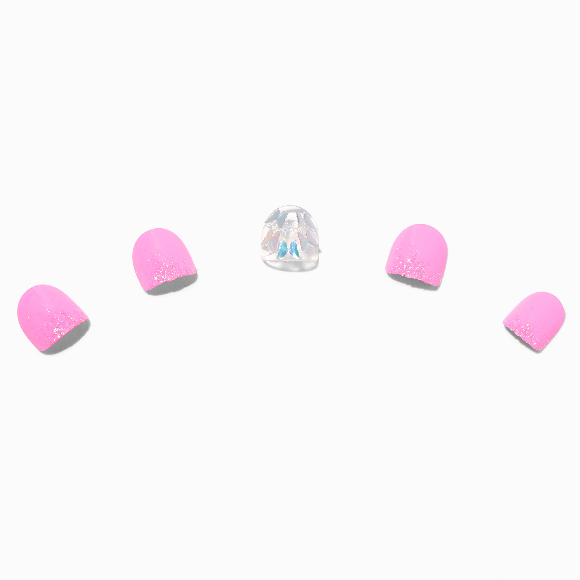 Claire's Club Butterfly Pink Glitter Square Vegan Press On Faux Nail Set - 10 Pack,