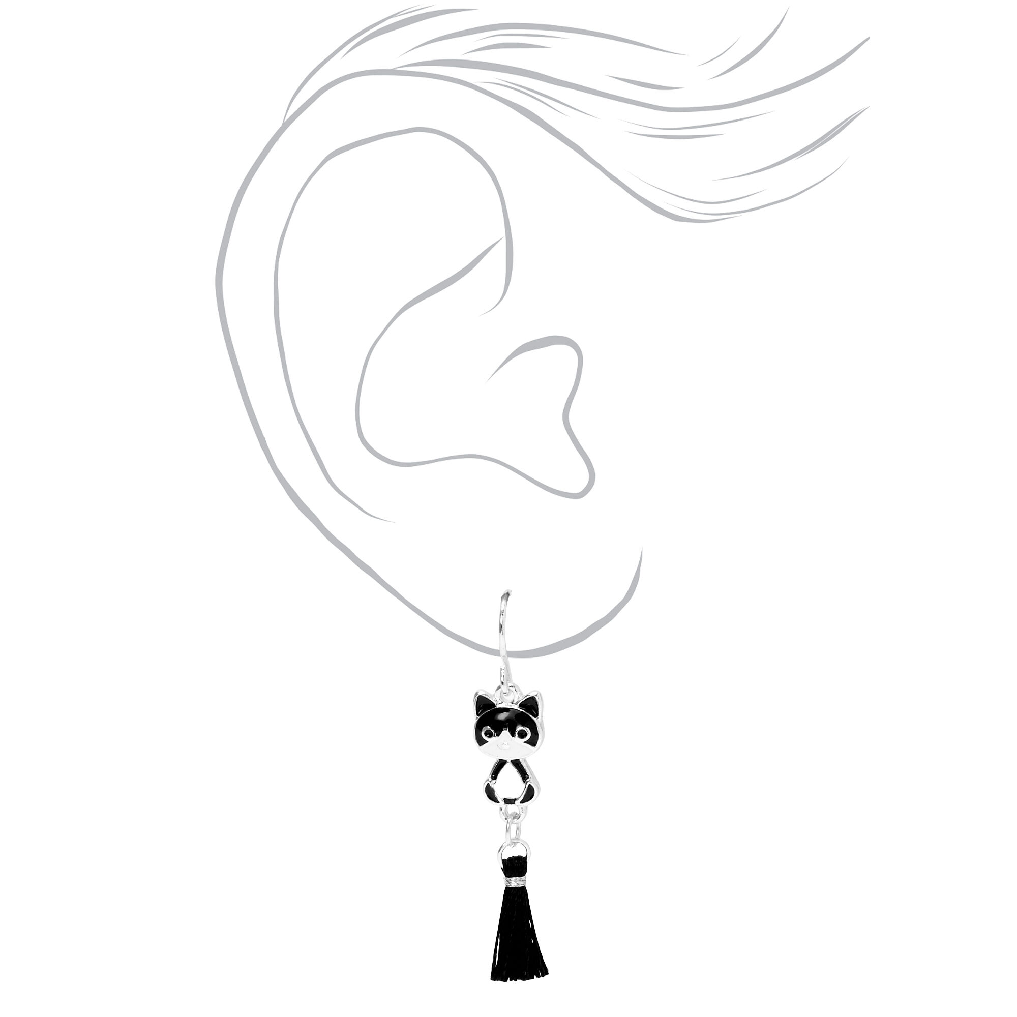Black and White Cat 3" Tassel Drop Earrings,