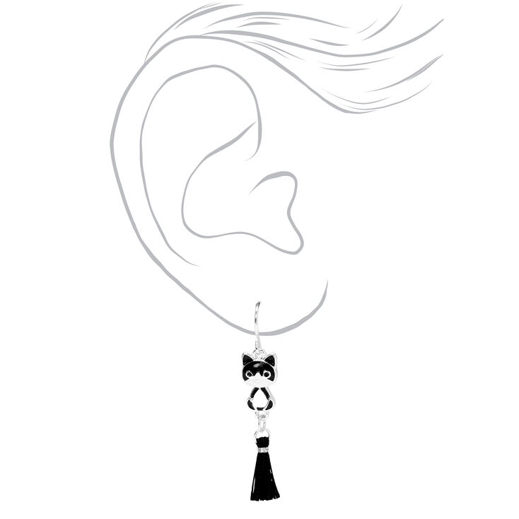 Black and White Cat 3&quot; Tassel Drop Earrings,