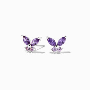 Purple Cubic Zirconia Silver Butterfly Stud Earrings,